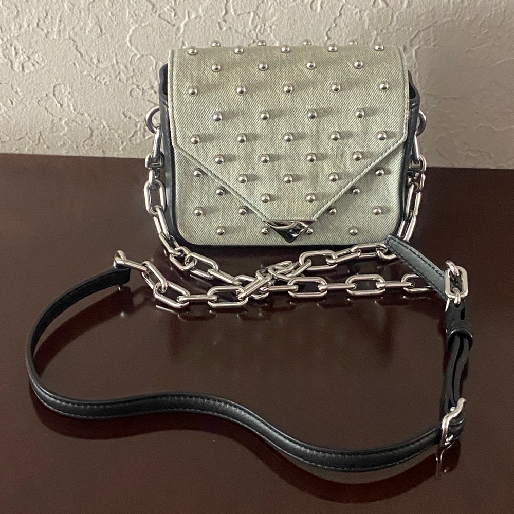 ALEXANDER WANG PRISMA ENVELOPE DENIM STUDDED MINI BAG $750